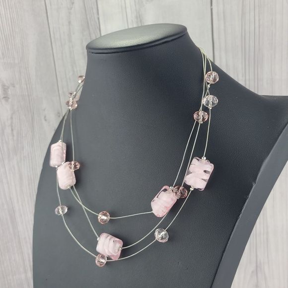 Baby Pink Square Shell & Crystal Floating Bead Necklace 19" plus 3" Extender - Picture 2 of 5